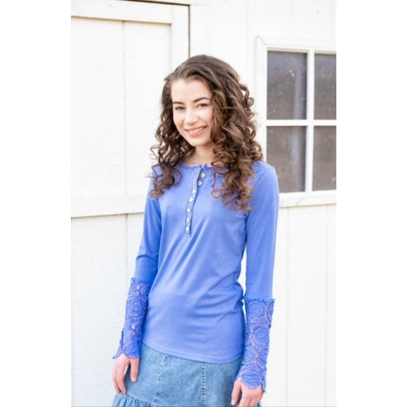 Just Me Lace Sleeve Henley - Periwinkle